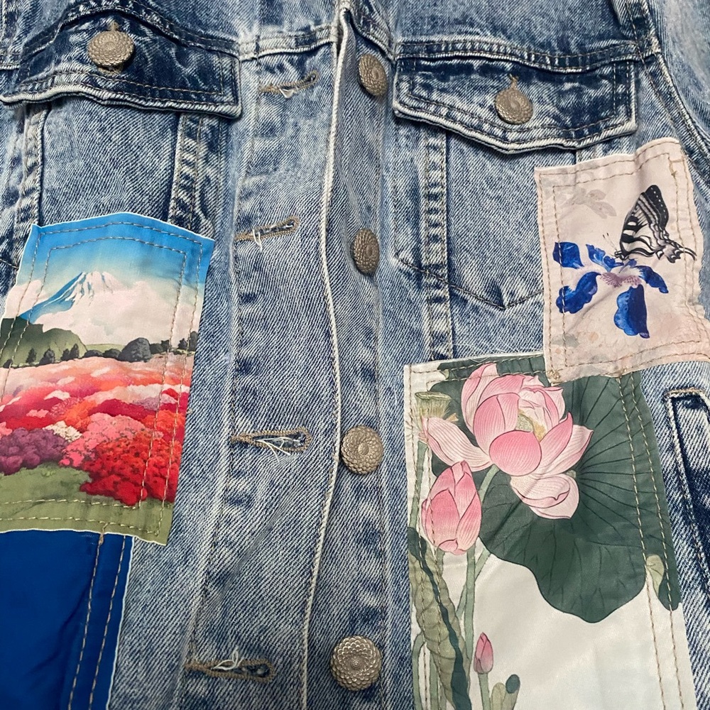 Desigual Light Blue Denim Patchwork Jacket with Pink Floral & Scenic Panels